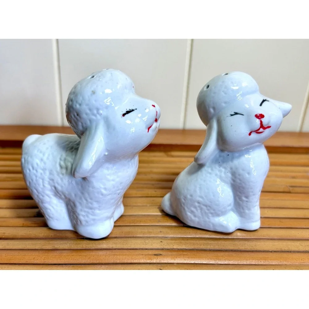 Vintage White Ceramic Lamb & Sheep Salt and Pepper Shakers Set Mid Century